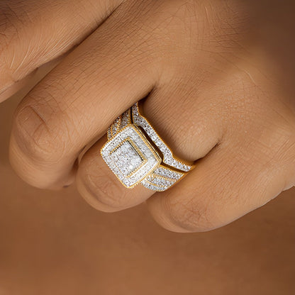Braut-Set mit weißen Diamanten in rund und Princess, 1.25 ct. Gesamtgewicht, in 10K Gelbgold