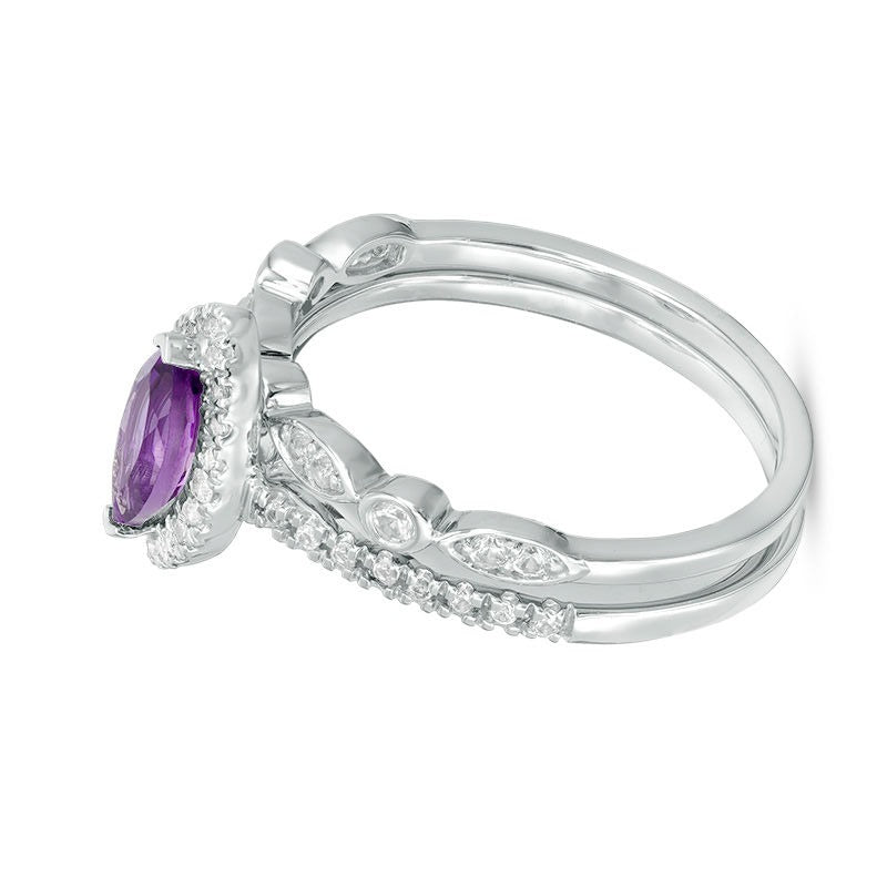 Braut-Set für Damen mit Amethyst im Marquise-Schliff und Labor-Saphiren im Vintage-Stil in 10K Weißgold