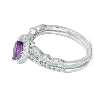 Braut-Set für Damen mit Amethyst im Marquise-Schliff und Labor-Saphiren im Vintage-Stil in 10K Weißgold