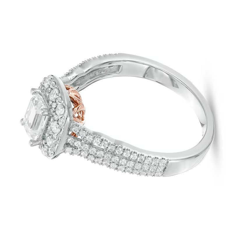 Halo-Verlobungsring mit Diamant im Smaragdschliff 1.0 ct. Gesamtgewicht in 14K Gold Bicolor