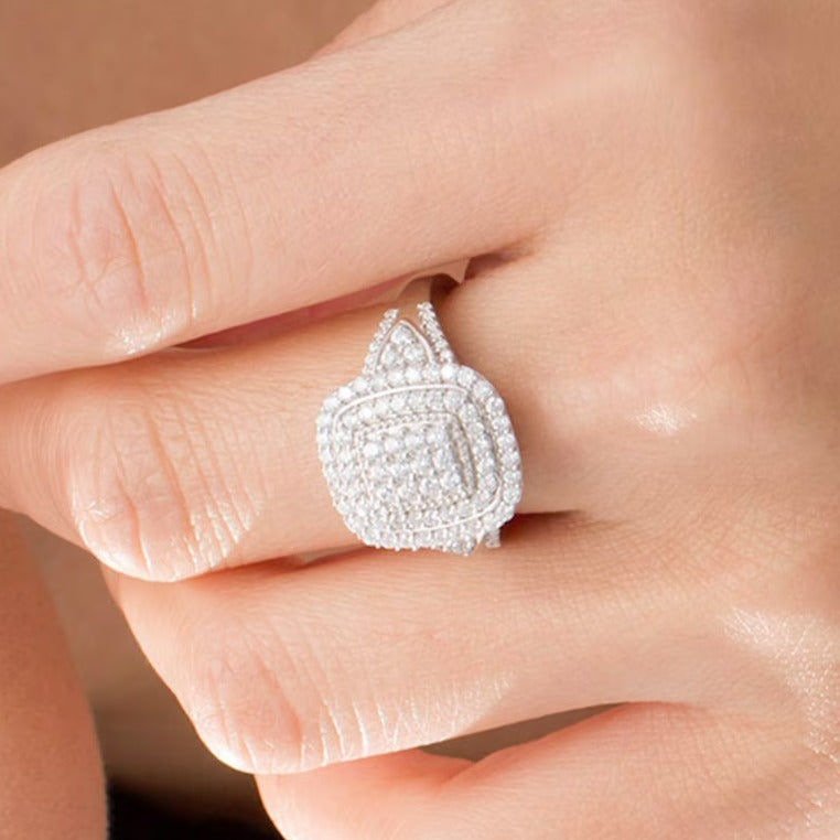 1.0 ct. Gesamtgewicht Komposit-Diamant Ring mit rechteckigem Doppelrahmen aus rhodiniertem Sterlingsilber