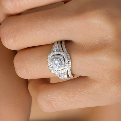 1.2 ct. Gesamtgewicht Diamant Brautset mit doppeltem Kissenschliff-Rahmen in 14K Weißgold