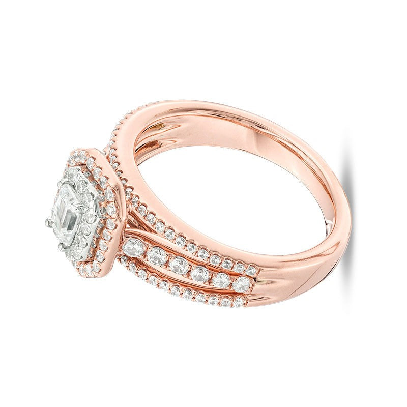 1.0 CT. Gesamtgewicht Verlobungsring mit Diamant im Smaragdschliff, Halo, mehrreihig, in 14K Gold zweifarbig (I/SI2)
