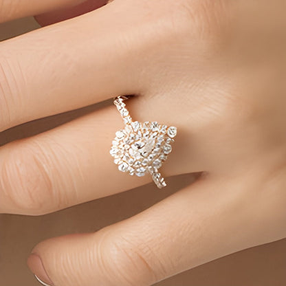 Verlobungsring Halo mit tropfenförmigem und rundem weißem Diamant 1.0 ct. Gesamtgewicht in 14K Roségold