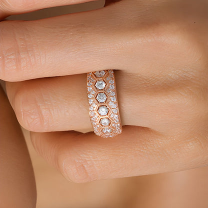 Memoire-Ring mit Diamanten 1.0 ct. Gesamtgewicht, sieben Steine im Sechseck-Rahmen im Vintage-Stil, 10K Roségold