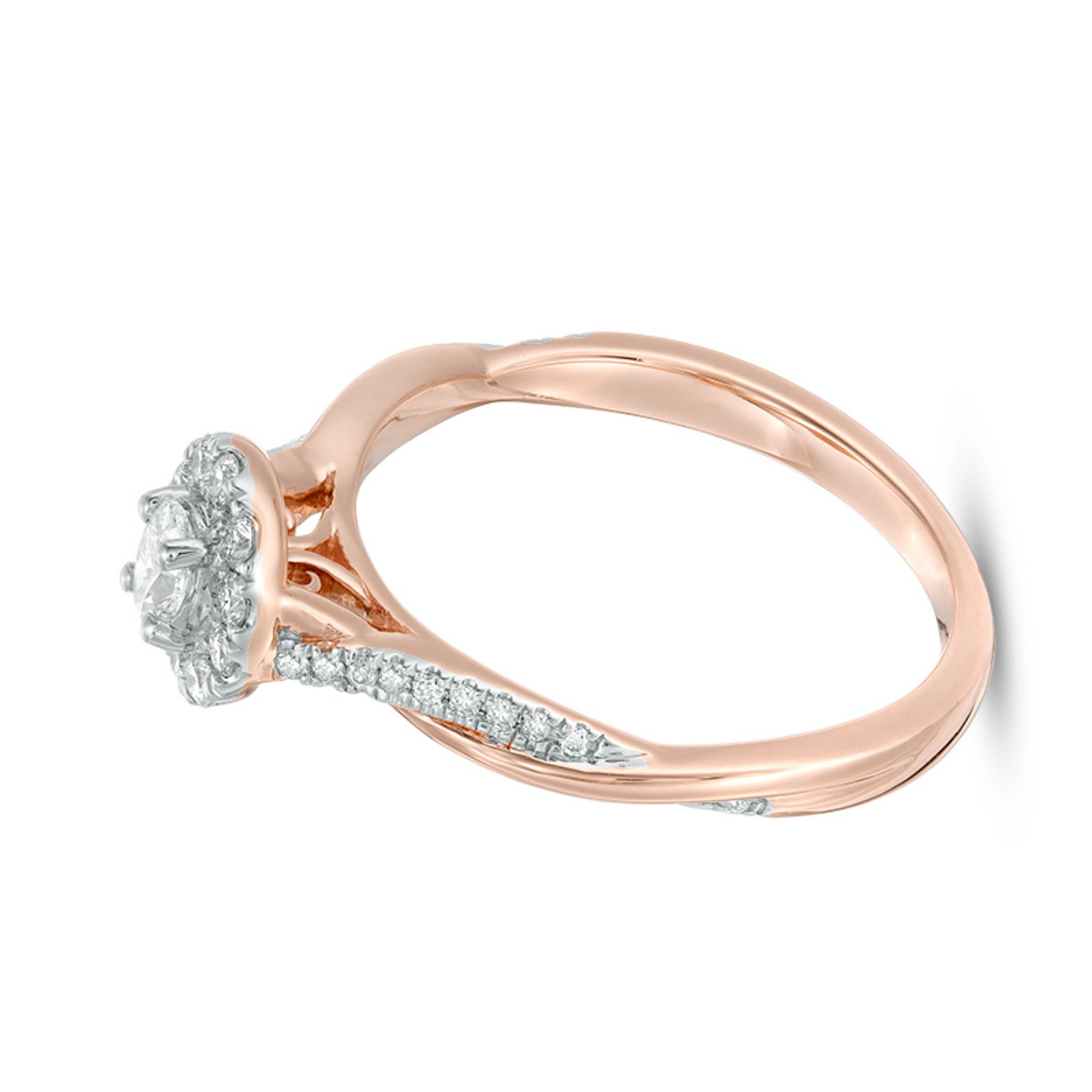 0.38 ct. Gesamtgewicht Verlobungsring mit ovalem Diamant, Halo und Twist-Design in 10K Roségold
