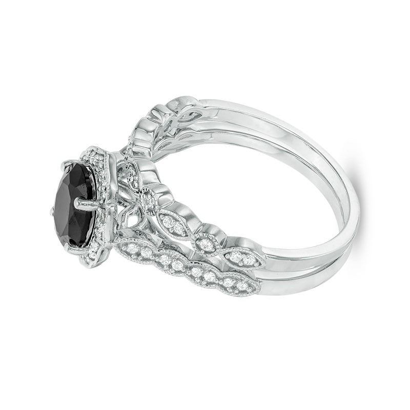 Braut-Set mit ovalem schwarzem Saphir und Diamanten 0,2 ct. Gesamtgewicht im Vierpass-Rahmen im Vintage-Stil in 10K Weißgold