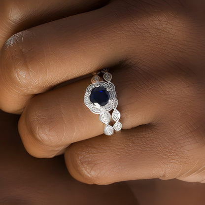 6,0 mm Braut-Set mit blauem Labor-Saphir und 0,2 ct. Gesamtgewicht Diamanten in 10K Weißgold