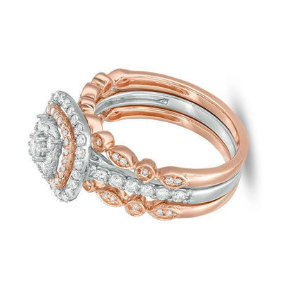 0.88 ct. Gesamtgewicht Komposit-Diamant Braut-Set im Art-déco-Vintage-Stil mit doppeltem Kissenschliff-Rahmen aus 14K Two-Tone Gold
