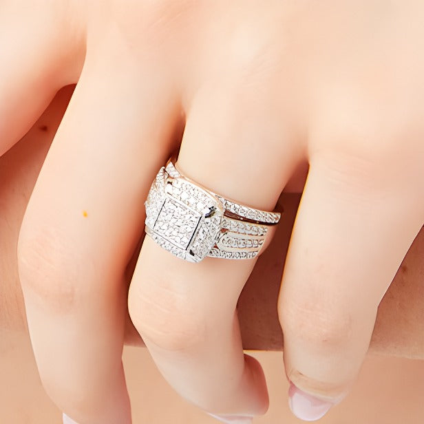 1.0 ct. Gesamtgewicht Diamant-Brautset mit Kissenschliff-Halo, Steine in rund und Princess, 10K Weißgold