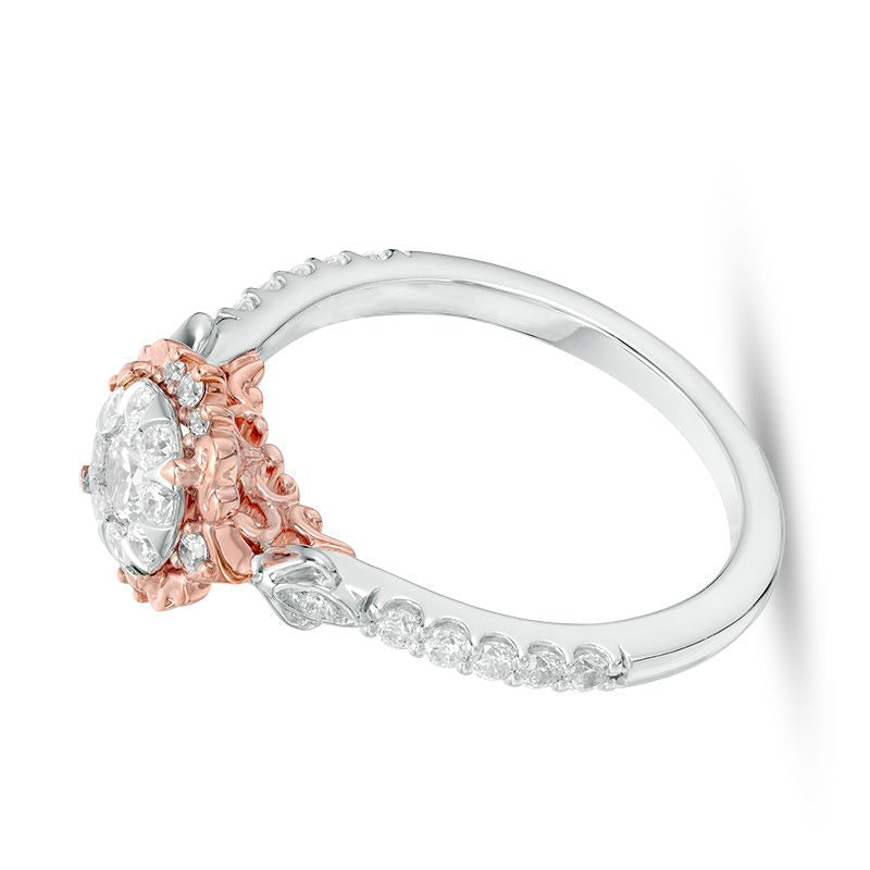 0.5 ct. Gesamtgewicht Diamant Halo Vintage-Verlobungsring mit filigranem Blütenrahmen in 10K Two-Tone Gold