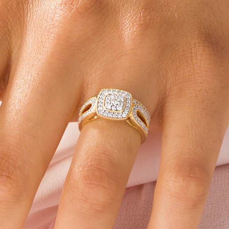 Braut-Set mit Diamanten im Kissenschliff und rund, Vintage-Stil, 0.5 ct. Gesamtgewicht, 10K Gelbgold für Damen
