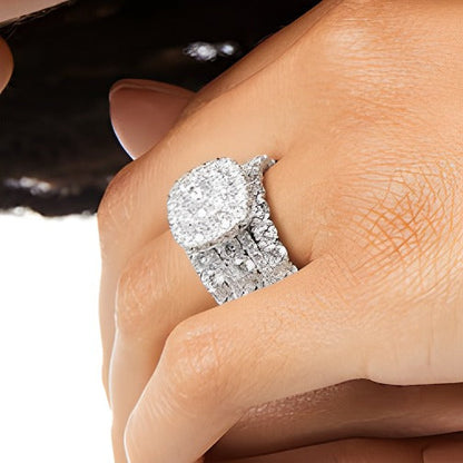 5.0 ct. Gesamtgewicht Diamant-Brautset dreiteilig mehrreihig mit Kissenschliff-Rahmen in 14K Weißgold (I/I2)