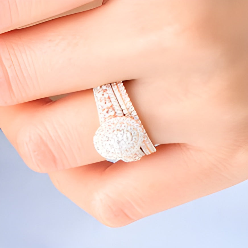 Braut-Set mit Komposit-Diamanten 1.5 ct. Gesamtgewicht, doppelter ovaler Rahmen, mehrreihig, in 10K Roségold