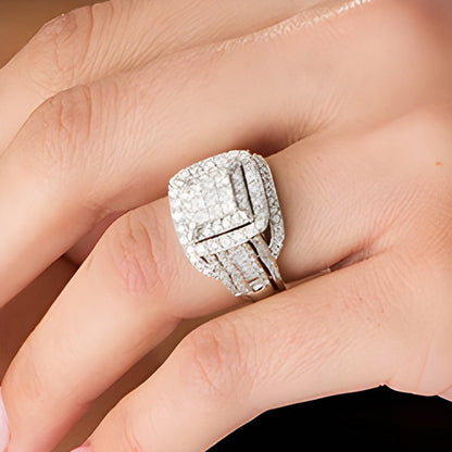 2.0 ct. Gesamtgewicht Verlobungsring mit Diamanten im Princess-, Baguette- und Kissenschliff, mehrreihig, in 10K Weißgold