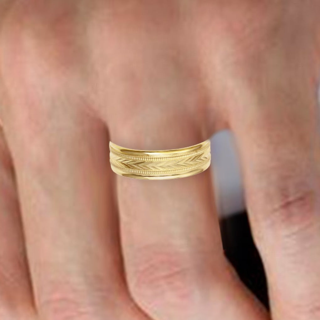 Ehering mit Chevron und Milgrain 6.0mm in 14K Gelbgold - Größe 10