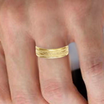 Ehering mit Chevron und Milgrain 6.0mm in 14K Gelbgold - Größe 10