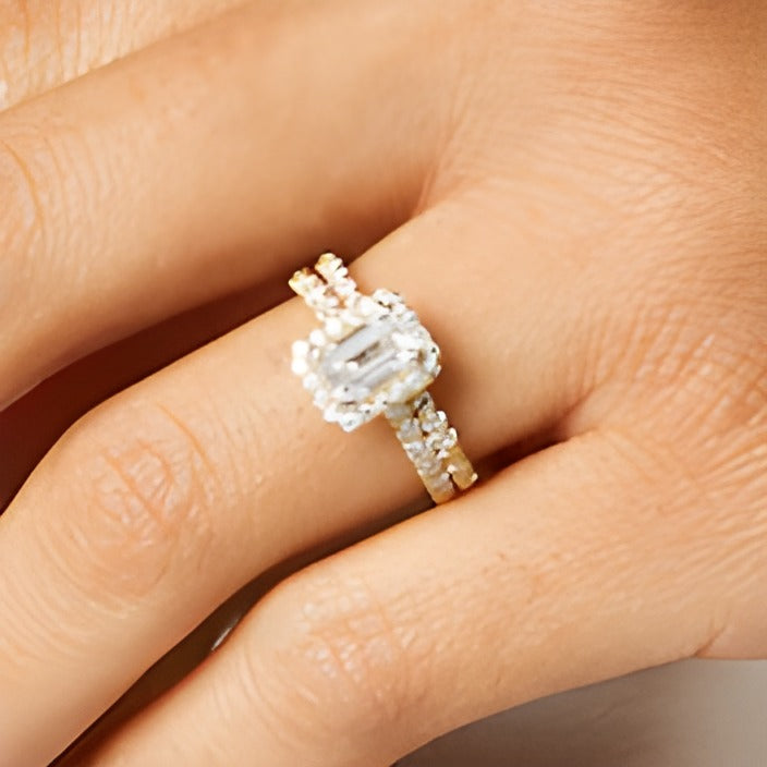 Braut-Set mit Labordiamanten im Smaragdschliff 1,75 ct. Gesamtgewicht in 14K Gelbgold (I/SI2)