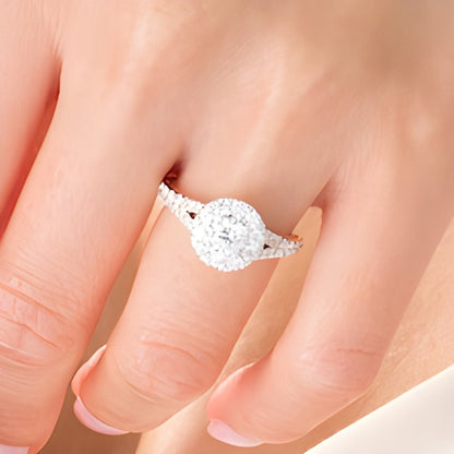 1,5 ct. Gesamtgewicht Halo-Verlobungsring mit weißem Diamant im Rundschliff in 14K Bicolor-Gold