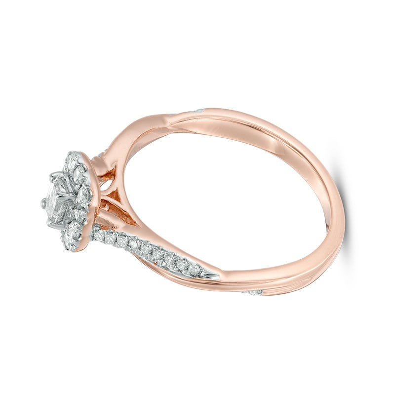0.38 ct. Gesamtgewicht Verlobungsring mit Diamanten im Smaragdschliff und Halo, gedrehter Ringschiene, in 10K Roségold