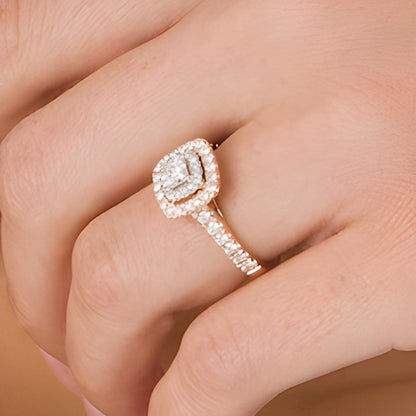 Halo-Verlobungsring 1.0 CT. TW mit Diamanten im Princess- und Rundschliff in 14K Roségold (I/I2)
