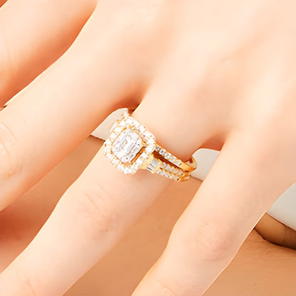 1.0 ct. Gesamtgewicht Diamant-Brautset im Smaragdschliff, zweireihig, in 10K Gelbgold