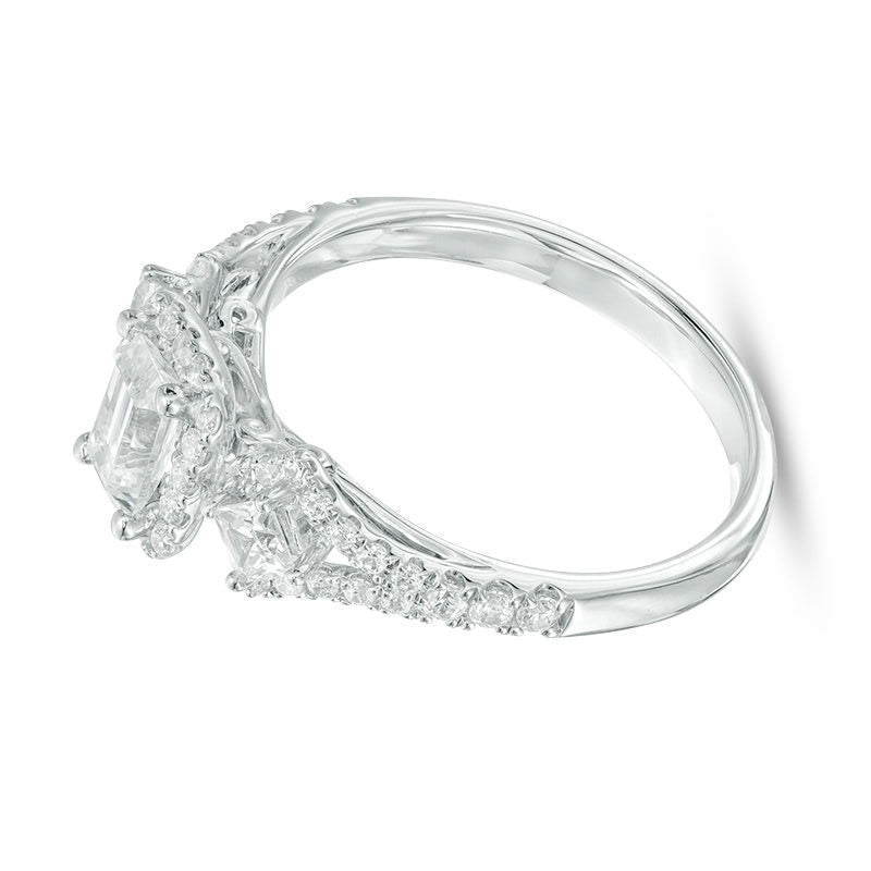 1.0 ct. Gesamtgewicht Dreistein-Verlobungsring mit Diamanten im Smaragdschliff in 14K Weißgold (I/I1)