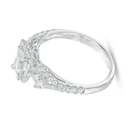 1.0 ct. Gesamtgewicht Dreistein-Verlobungsring mit Diamanten im Smaragdschliff in 14K Weißgold (I/I1)