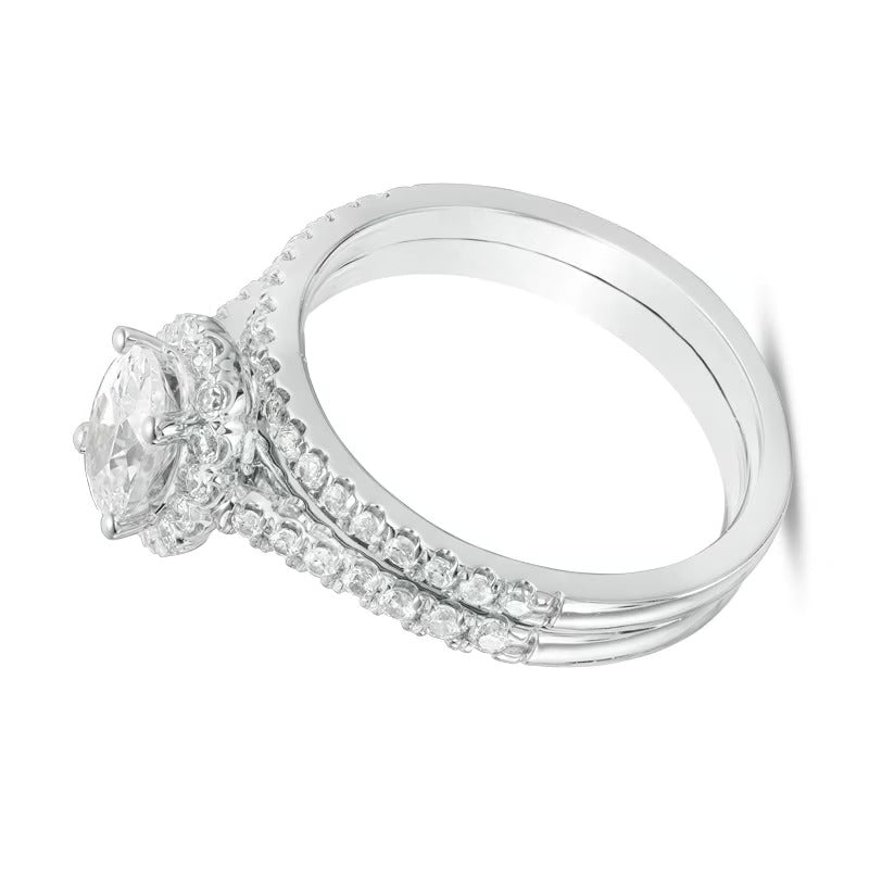 1.2 CT. Gesamtgewicht Braut-Set mit ovalem Diamant-Mittelstein und Halo aus 14K Weißgold (I/SI2)