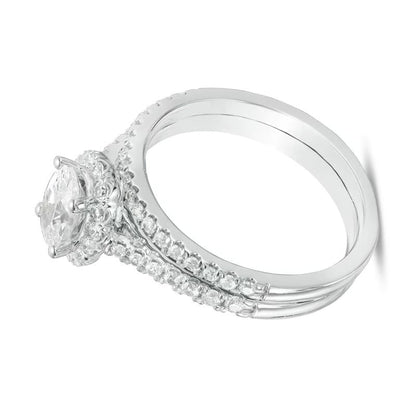 1.2 CT. Gesamtgewicht Braut-Set mit ovalem Diamant-Mittelstein und Halo aus 14K Weißgold (I/SI2)