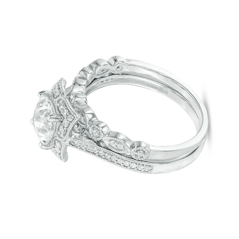 Braut-Set mit Labor-Saphir im Kissenschliff und 0,25 ct. Gesamtgewicht Diamanten im Vintage-Stil aus rhodiniertem Sterlingsilber