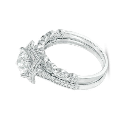 Braut-Set mit Labor-Saphir im Kissenschliff und 0,25 ct. Gesamtgewicht Diamanten im Vintage-Stil aus rhodiniertem Sterlingsilber