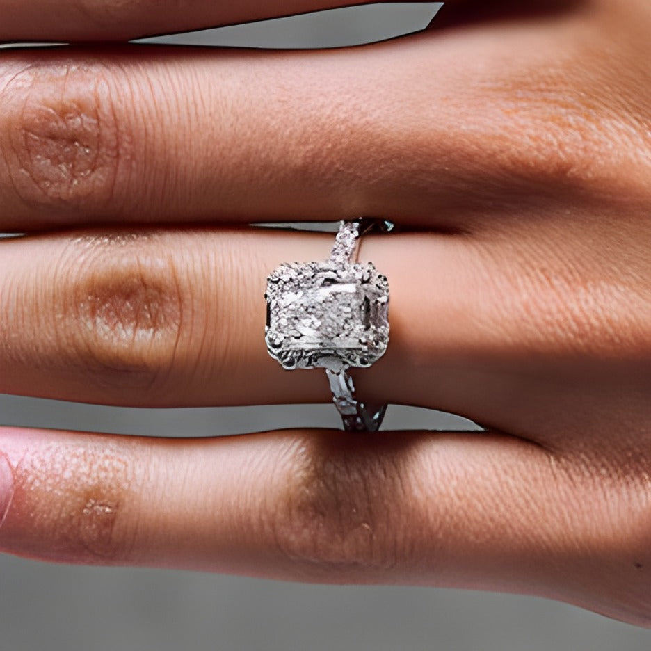 2.63 CT. Gesamtgewicht Verlobungsring mit Labordiamanten im Radiant- und Baguette-Schliff in 14K Weißgold, Halo (F/VS2)