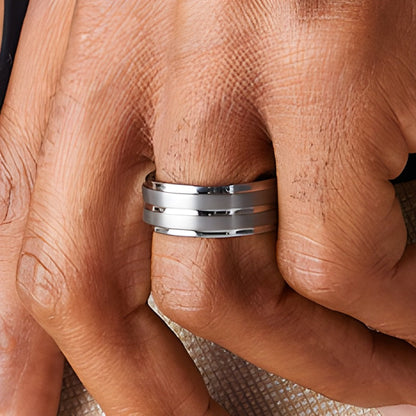 9,0 mm Ehering mit gerillter, gestufter Kante in weißem Tungsten für Damen