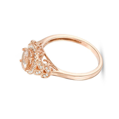 Verlobungsring mit ovalem Morganit und 0,1 ct. Gesamtgewicht Diamanten im Halo mit blattförmigen Seiten in 10K Roségold