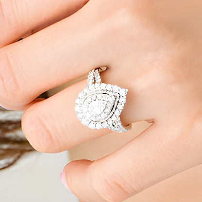1.5 CT. Gesamtgewicht Verlobungsring mit tropfenförmigem Diamant im Vintage-Stil und Doppel-Halo in 14K Weißgold