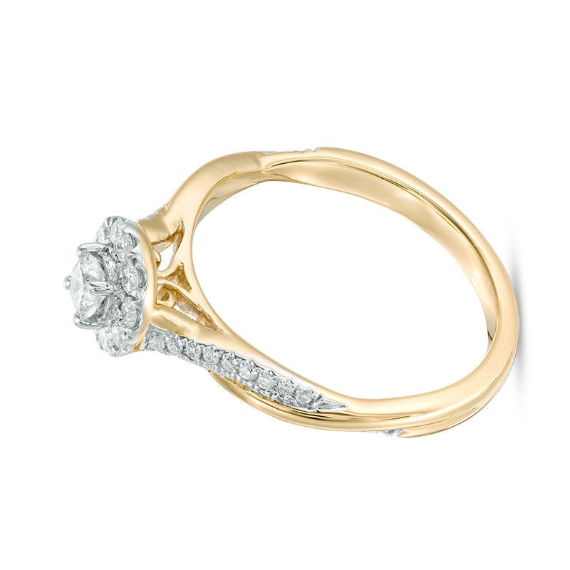 0.38 ct. Gesamtgewicht Diamant Halo Verlobungsring mit Twist-Design in 10K Gelbgold