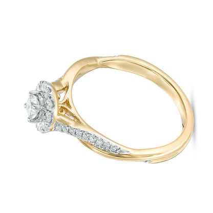 0.38 ct. Gesamtgewicht Diamant Halo Verlobungsring mit Twist-Design in 10K Gelbgold