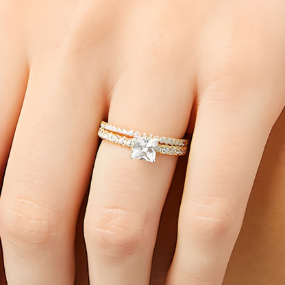 Braut-Set mit Princess- und rund geschliffenen Labordiamanten 1,75 ct. Gesamtgewicht in 14K Gelbgold (F/SI2)