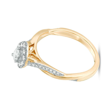 0.38 ct. Gesamtgewicht Verlobungsring mit Diamanten im Tropfen- und Rundschliff, Halo, 10K Gelbgold