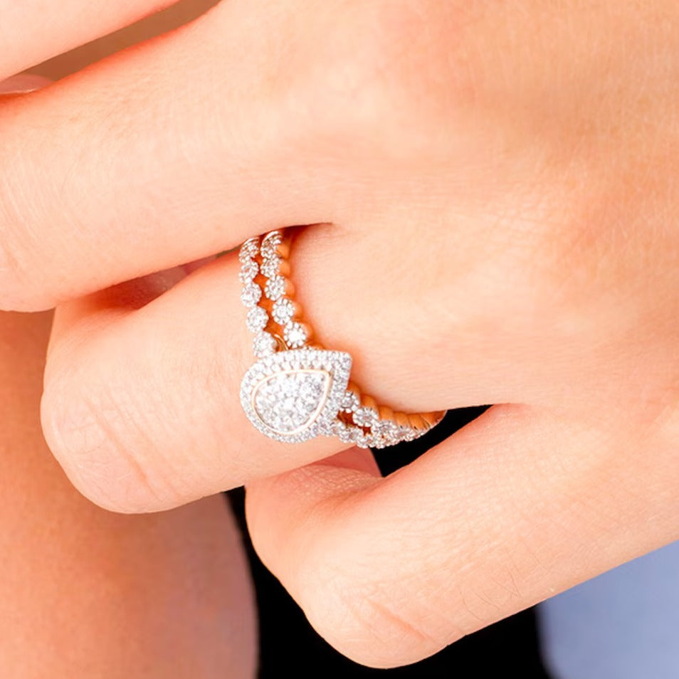 0.33 ct. Gesamtgewicht Komposit-Diamant Brautset tropfenförmig in 10K Roségold