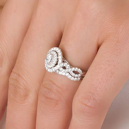 Braut-Set mit ovalen Diamanten und doppeltem Halo mit gedrehter Schiene, 1.0 ct. Gesamtgewicht, in 14K Weißgold