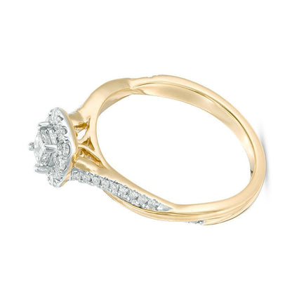 0,38 ct. Gesamtgewicht Verlobungsring mit Diamanten im Princess- und Rundschliff, Halo mit Twist-Design, in 10K Gelbgold