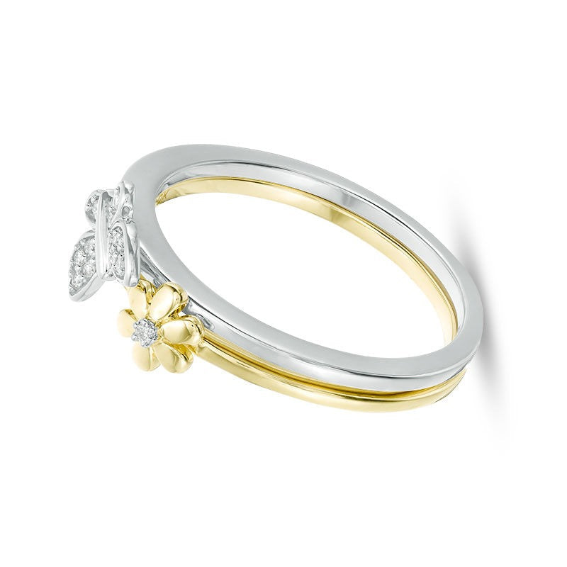 0,05 ct. Gesamtgewicht Diamant Blume und Schmetterling zweiteiliges stapelbares Ring-Set in 10K Gold zweifarbig