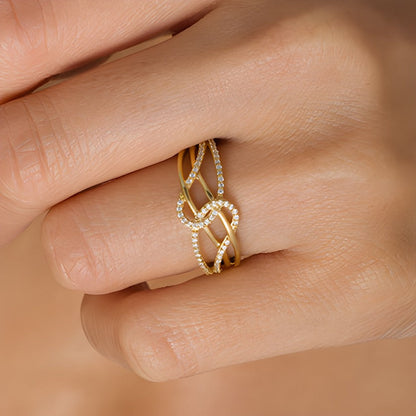 0.17 ct. Gesamtgewicht Diamant Layered Crossover Ring mit Schlaufen in 10K Gelbgold
