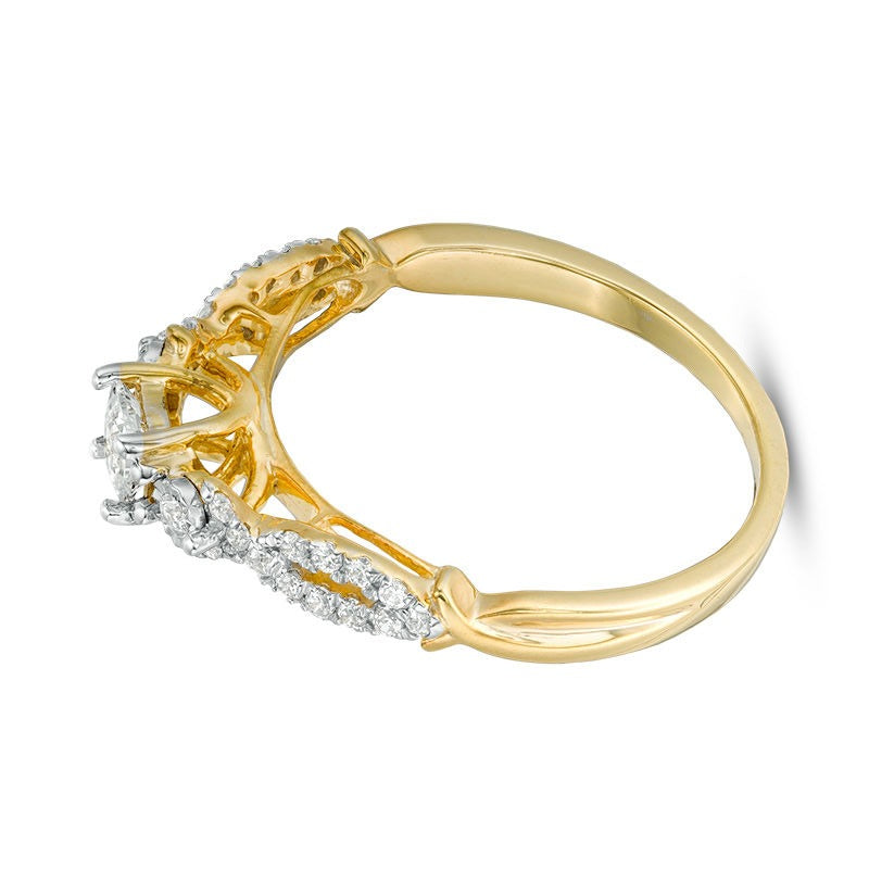 0.38 ct. Gesamtgewicht Diamant-Verlobungsring Dreistein im Princess-Schliff mit Crossover-Ringschiene in 10K Gelbgold