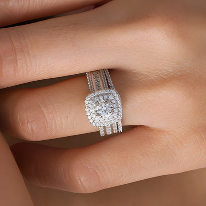Brautset mit Diamanten 1.0 ct. Gesamtgewicht, rund & Kissenschliff, mehrreihig mit doppeltem Kissenschliff-Rahmen in 10K Weißgold