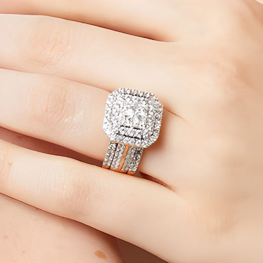 Braut-Set mit Diamanten im Princess- und Rundschliff, Komposit-Fassung, dreiteilig, in 14K Roségold