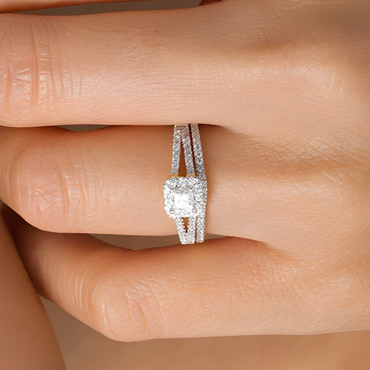 0.33 ct. Gesamtgewicht Brautset mit Diamanten im Princess- und Rundschliff in 10K Gelbgold