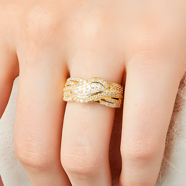 0.75 ct. Gesamtgewicht Diamant Bypass-Ring mit doppelter Reihe im Wellendesign in 10K Gelbgold